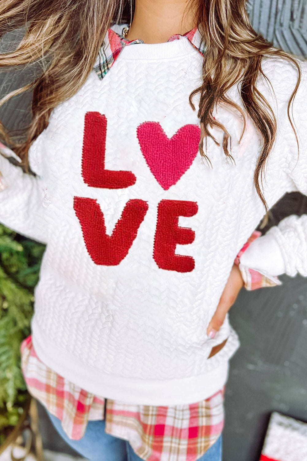 White Quilted Valentine Love Heart Shape Graphic Sweatshirt