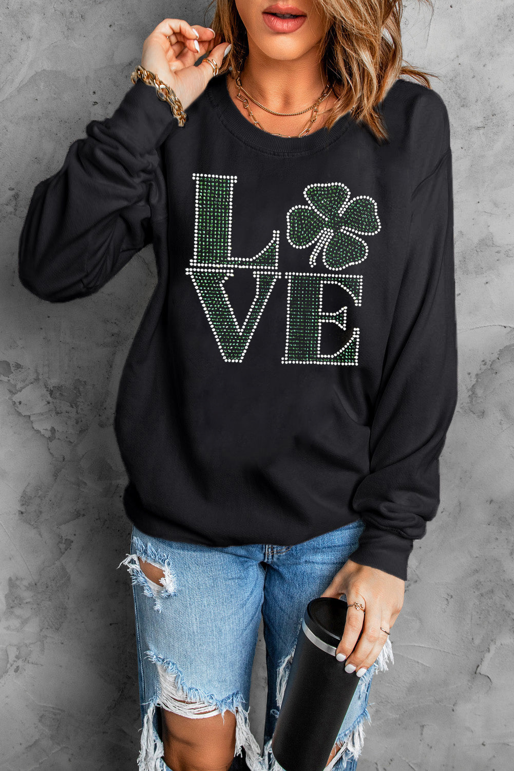 Black St Patricks Day Rhinestone LOVE Letter Graphic Crewneck Sweatshirt