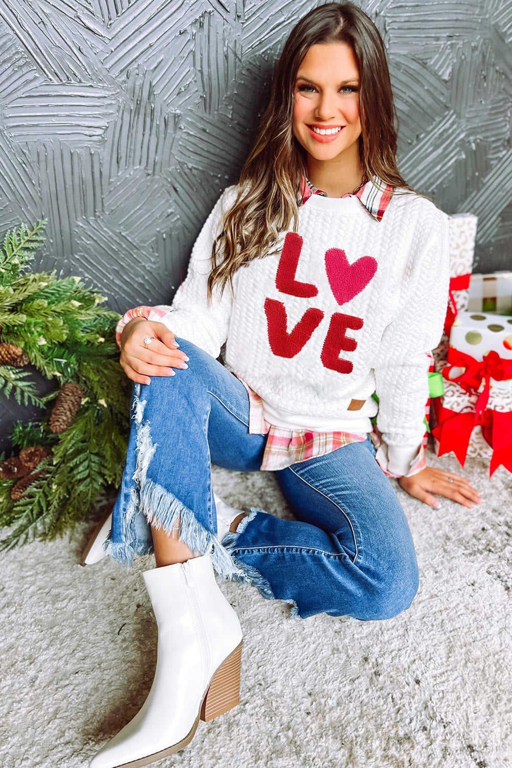 White Quilted Valentine Love Heart Shape Graphic Sweatshirt