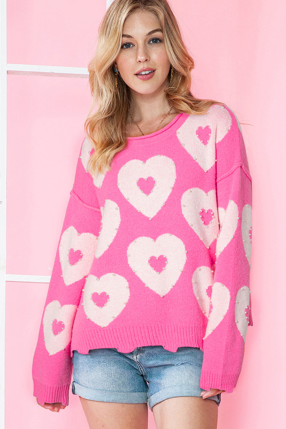 Multicolour Pearl Beaded Floral Drop Shoulder Sweater