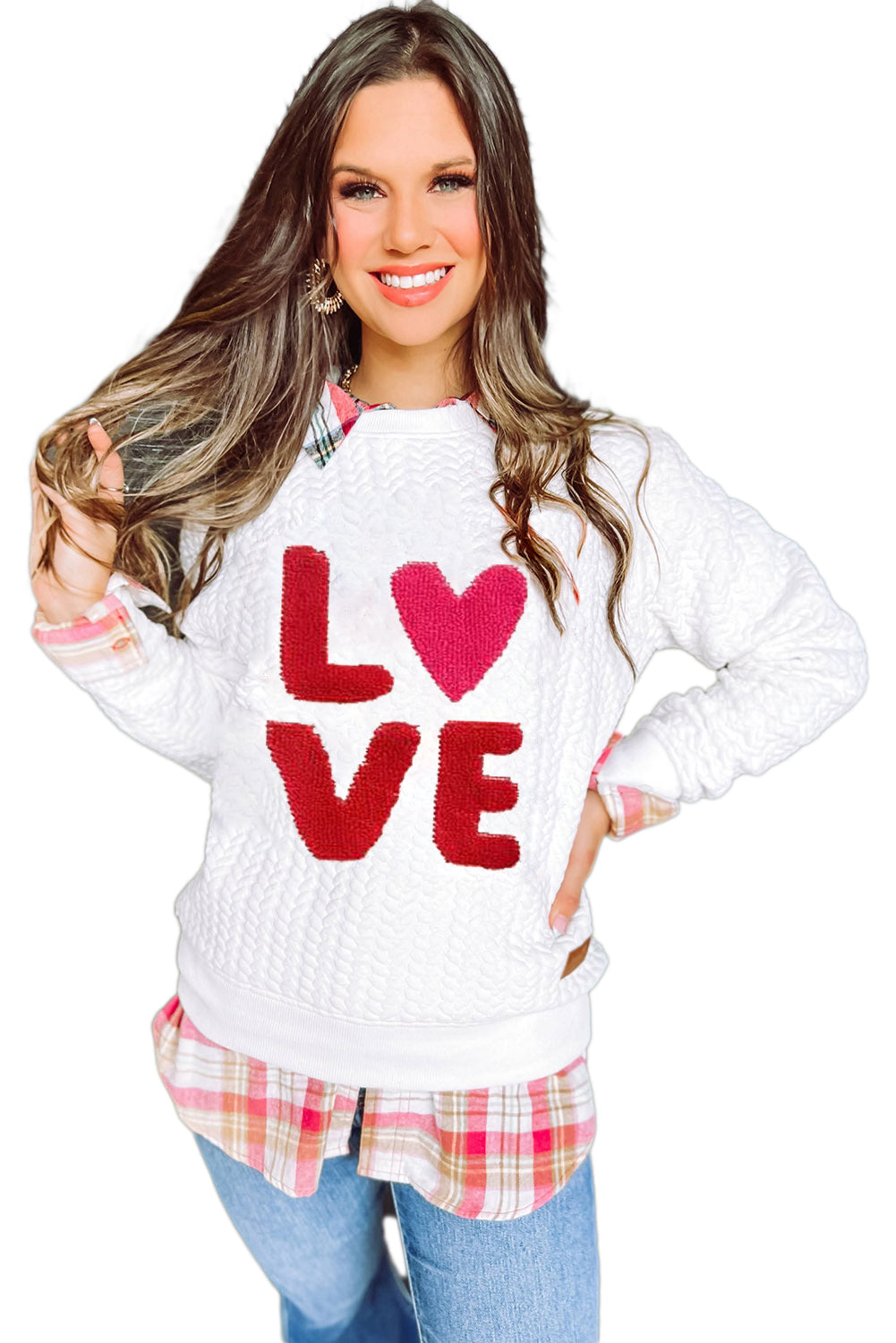 White Quilted Valentine Love Heart Shape Graphic Sweatshirt