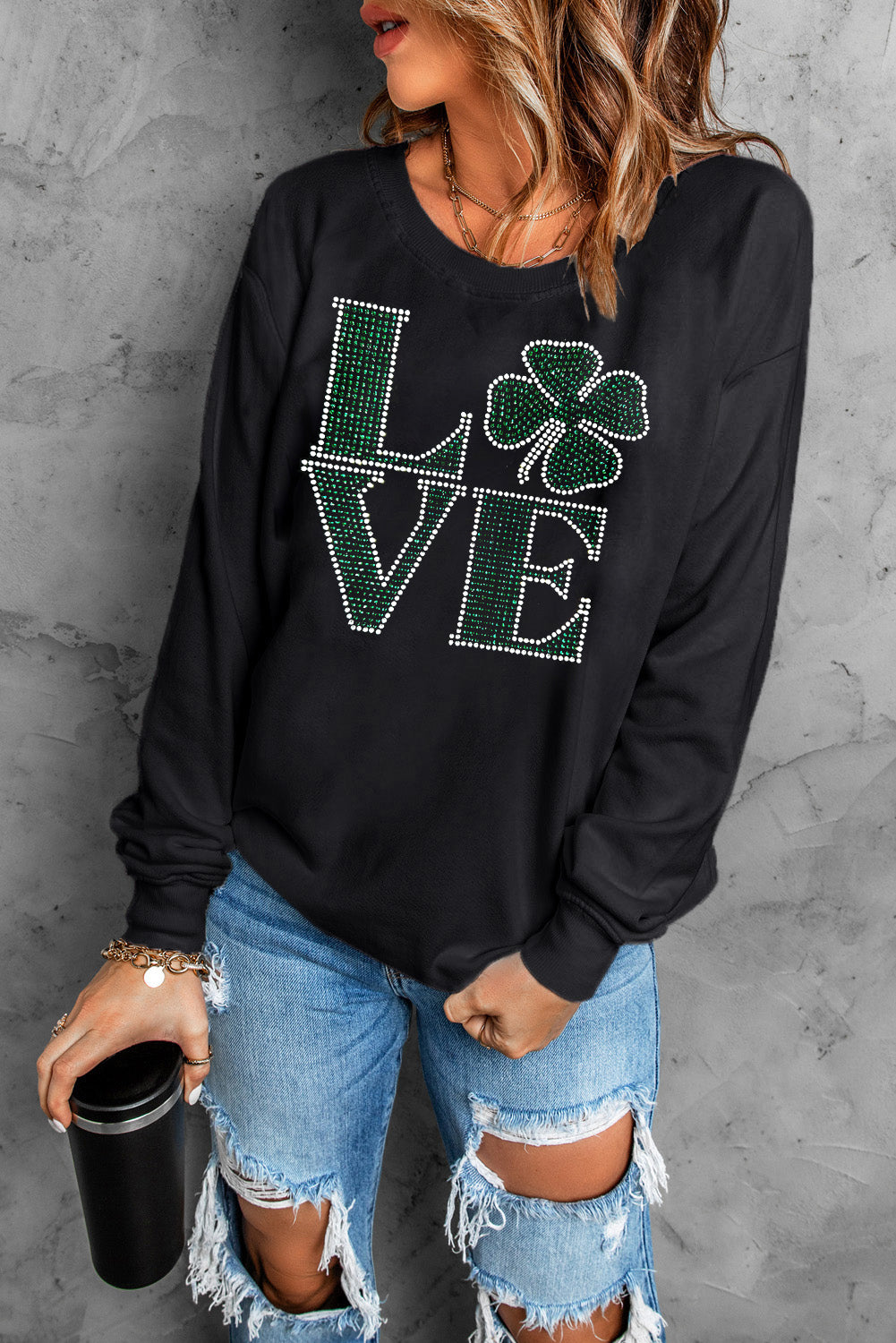 Black St Patricks Day Rhinestone LOVE Letter Graphic Crewneck Sweatshirt