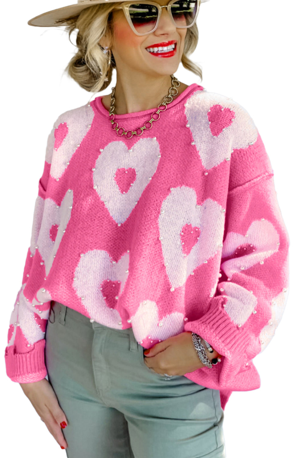 Multicolour Pearl Beaded Floral Drop Shoulder Sweater