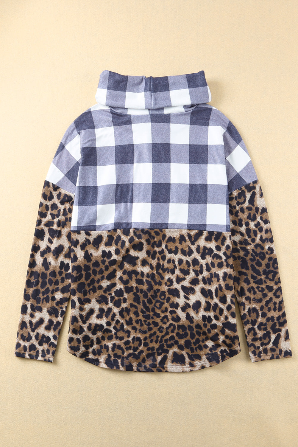 Leopard Plaid Patchwork Cowl Neck Sweatshirt