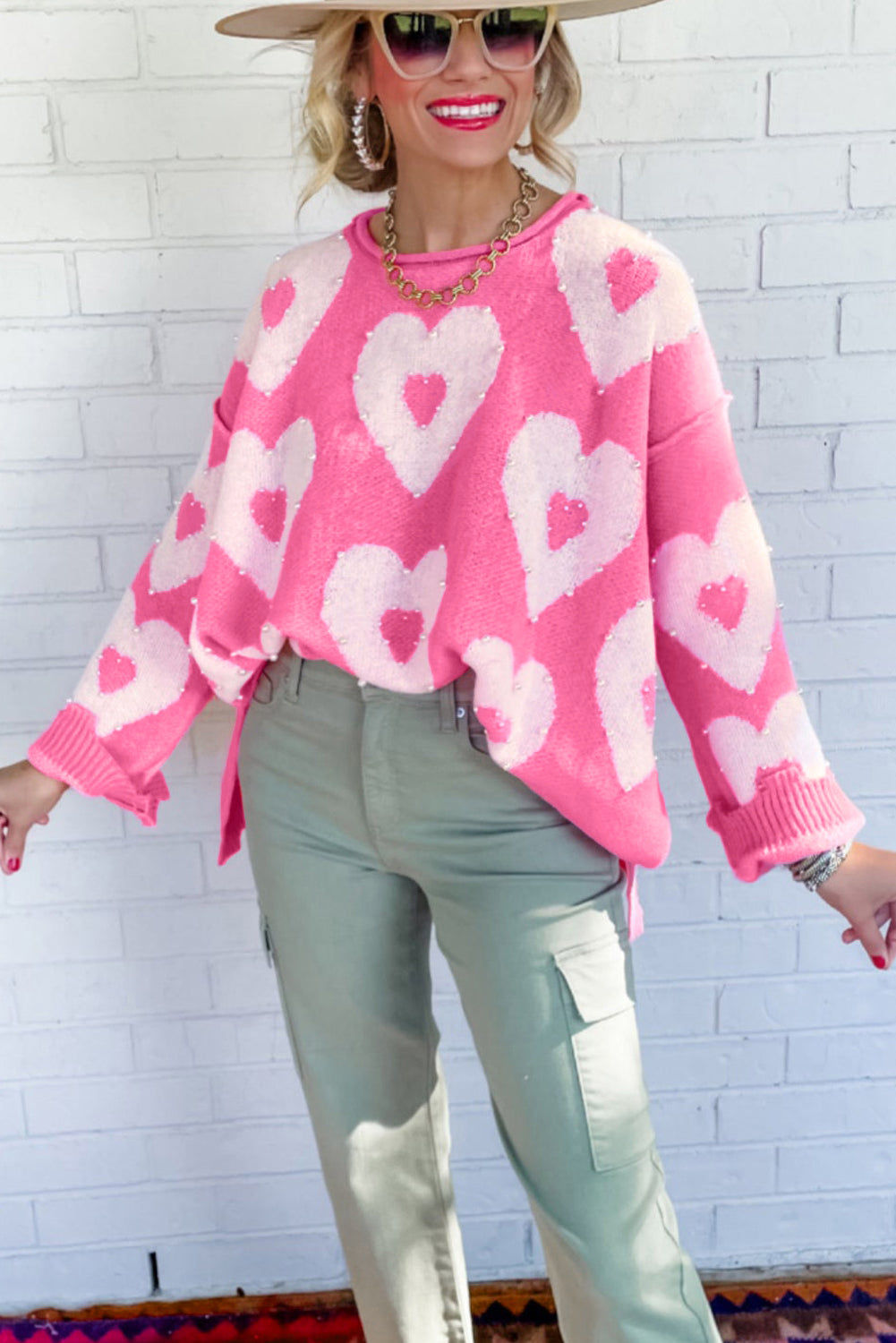 Multicolour Pearl Beaded Floral Drop Shoulder Sweater