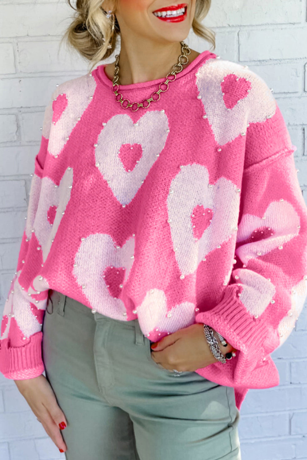 Multicolour Pearl Beaded Floral Drop Shoulder Sweater