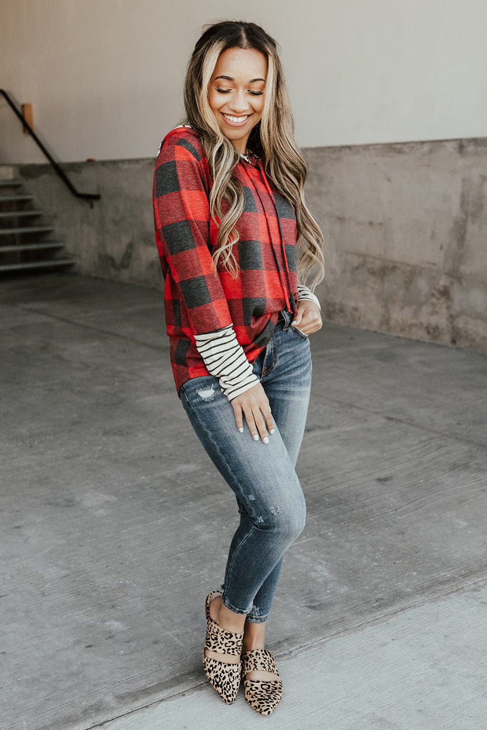 Red Christmas Plaid Striped Patchwork Drawstring Hoodie