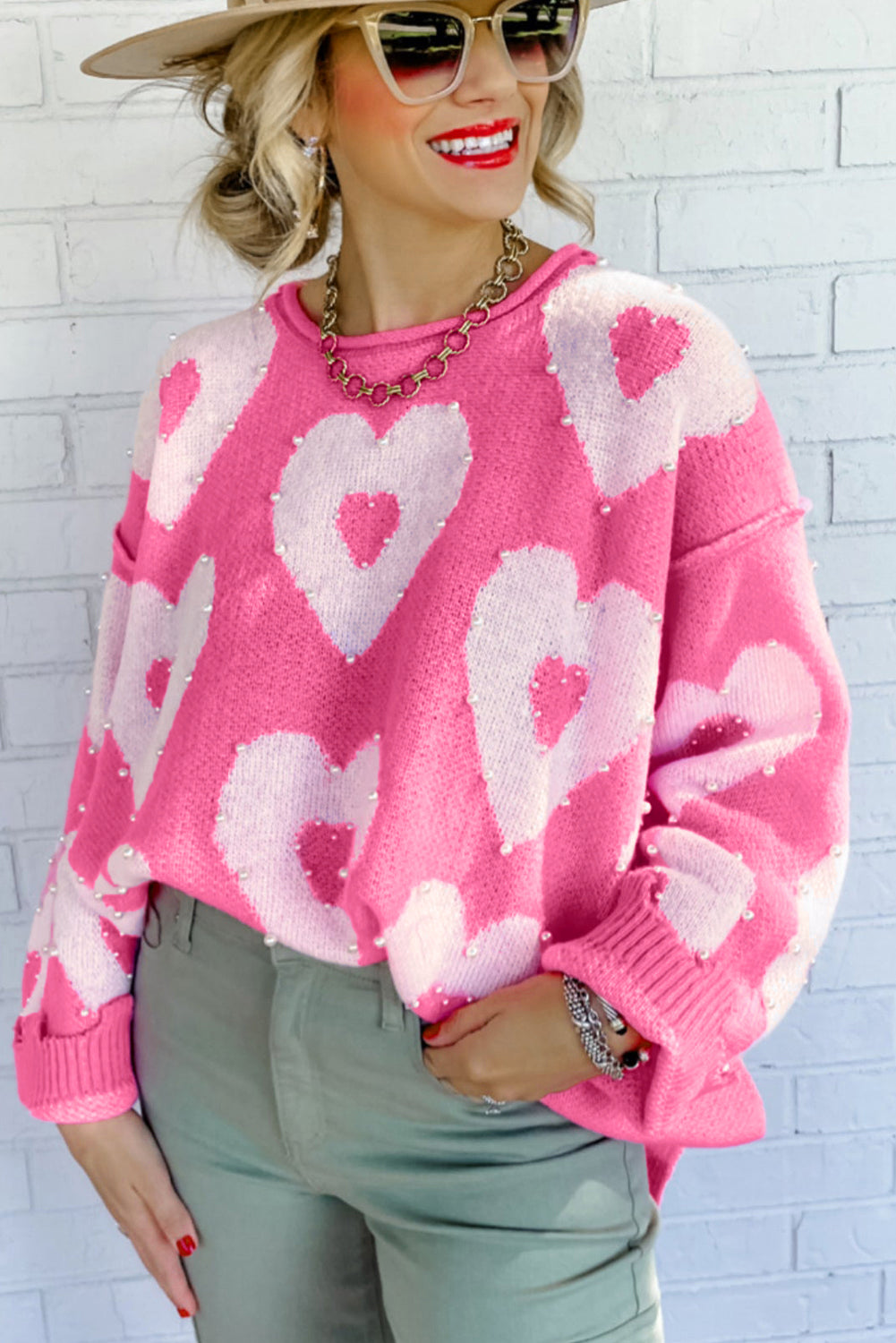 Multicolour Pearl Beaded Floral Drop Shoulder Sweater