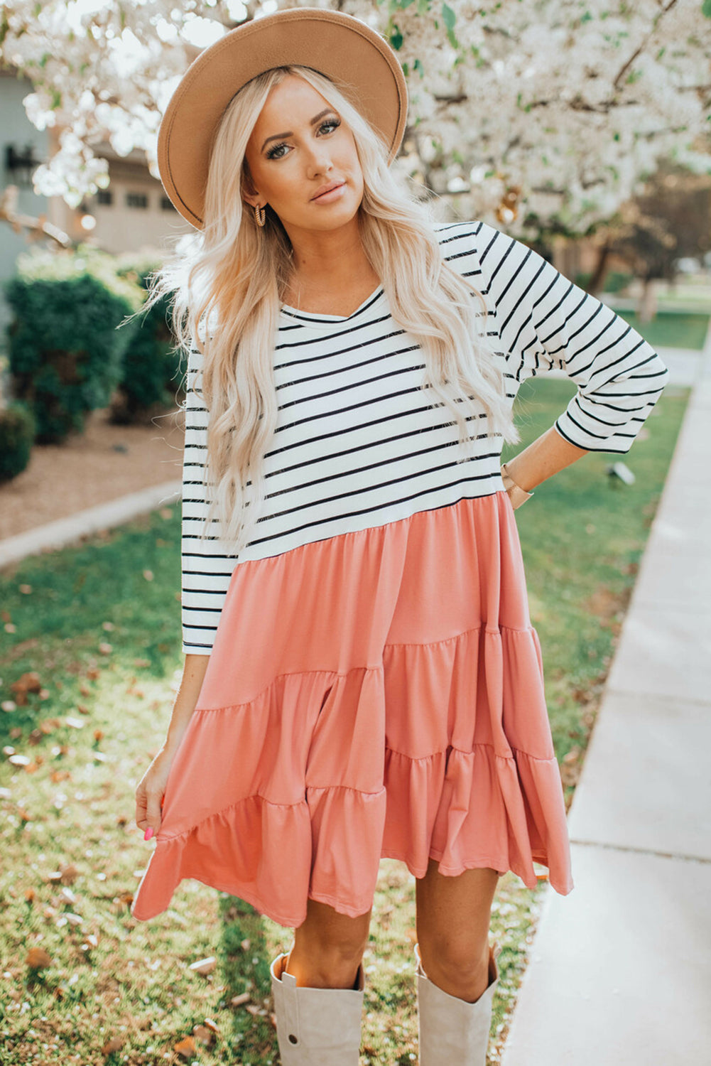 Striped Patchwork Tiered Ruffle T Shirt Dress